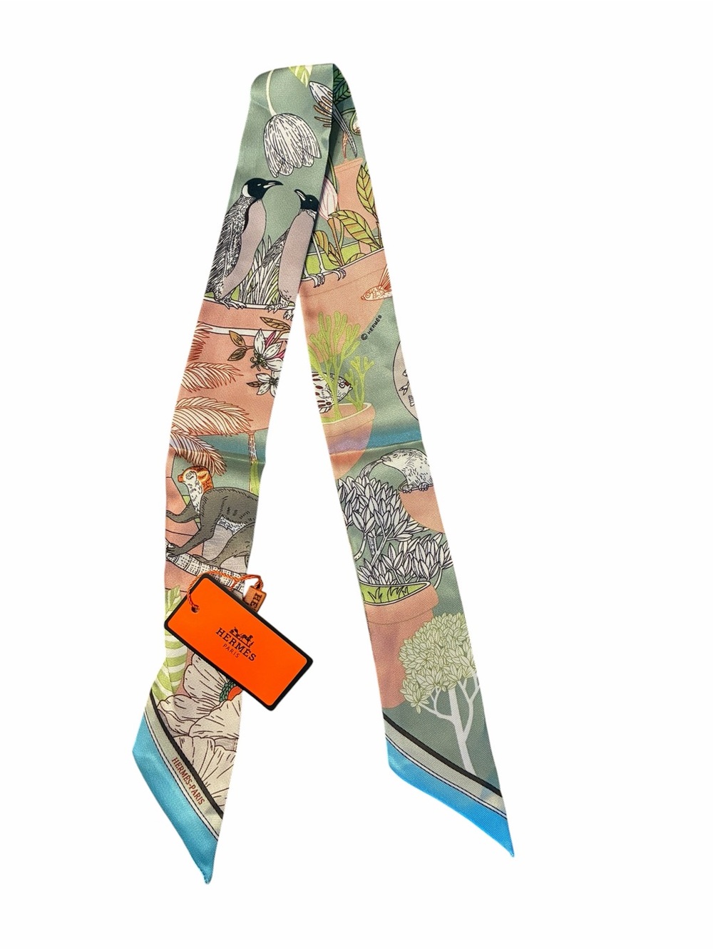 Precious Paradise Twilly Scarf Multi/ Color Multi Birds Monkey Floral 100% Silk